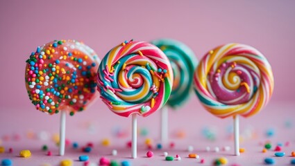 Vibrant Edible Cannabis Lollipops with Sprinkles on Pink Background