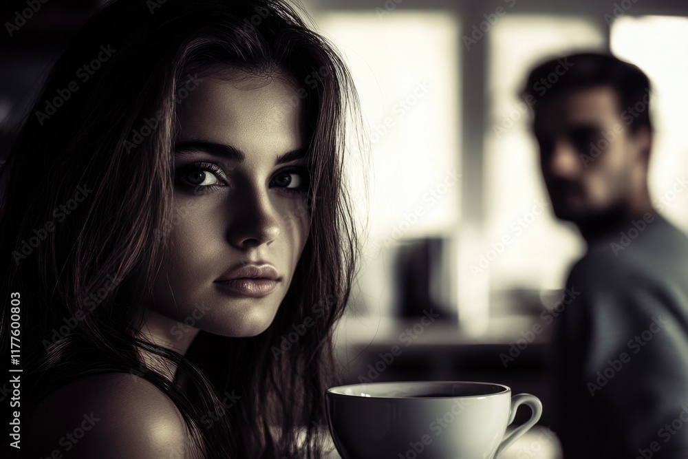 Poster stylish young woman enjoying coffee in modern bright kitchen with blurred man in background creating