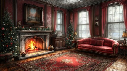 Fototapeta premium Cozy Christmas living room with fireplace, decorated trees, and red sofa.