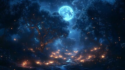 Fototapeta premium Moonlit Forest with Enchanted Fireflies in Ethereal Nightscape