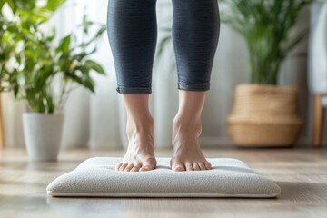 Young woman standing on white yoga pillow for foot massage on acupressure mat in bright indoor setting with green plants use of alternative medicine for relaxation and pain relief