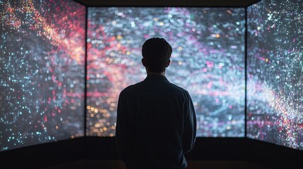 A person analyzes data displayed on a large screen