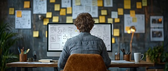 A neat workspace featuring a tidy desk, a computer, and vibrant sticky notes.  The workspace is organized with a clean desk, a well-kept computer, and colorful sticky notes.  An orderly workspace