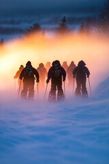 Fototapeta premium group of snowshoers silhouetted against glowing winter horizon trekking through softly blurred snowy terrain