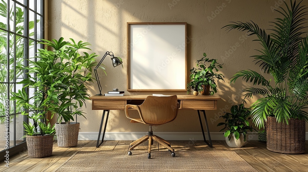 Poster a minimalist desk setup featuring a neatly positioned frame mockup, ideal for displaying inspiration