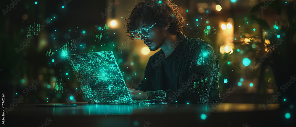 Poster nightcoder: a young man engrossed in his laptop, surrounded by a mesmerizing glow of teal particles,