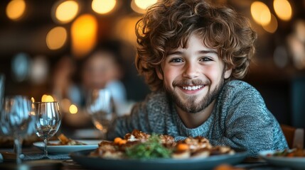'  Boy smiles at table with food indoors, dinner background. Stock photo use.
