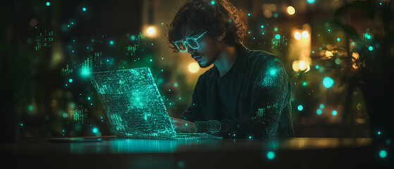 NightCoder:  A young man engrossed in his laptop, surrounded by a mesmerizing glow of teal particles, evokes a sense of late-night coding, innovation, and digital magic. 