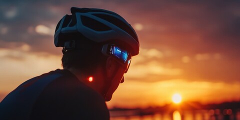 High-tech smartwatch ad projected onto a cyclist's helmet during a sunrise race,