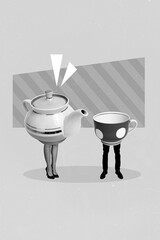 Vertical collage abstract image of tea pot cup mug girl man legs isolated on painted creative...
