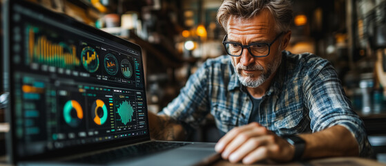 Obraz premium Analyzing the Data: A mature man intently studies data visualizations on his laptop, showcasing focus and analytical expertise in a dimly lit, atmospheric setting.