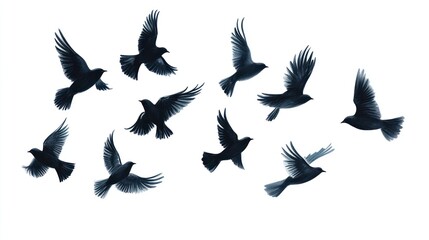 Ten Birds in Flight: A Symphony of Dark Feathers Against a Pristine White Canvas