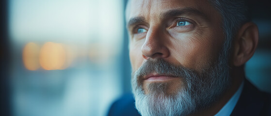 Contemplative Gaze: A portrait of a mature businessman, thoughtfully gazing out a window, his expression conveying introspection and contemplation.  The image evokes feelings of ambition, strategy.