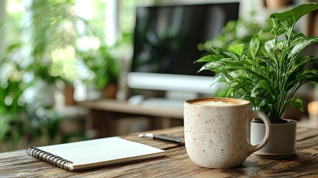 A clutter-free home office with a desktop computer, elegant stationery, and a cup of coffee, emphasizing simplicity and efficiency