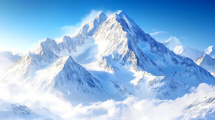 Majestic winter landscape snowcapped mountain range pristine white peaks crisp blue sky sunlight glinting off icy surfaces. Snowcap. Illustration