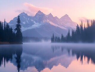 Fototapeta premium Majestic Snow Capped Mountain Peaks Mirrored in Serene Alpine Lake at Pastel Dawn