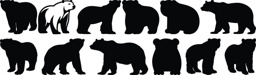 Polar bear silhouettes set, arctic pack of vector silhouette design, isolated background