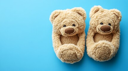 Fuzzy slippers shaped like teddy bears on blue background