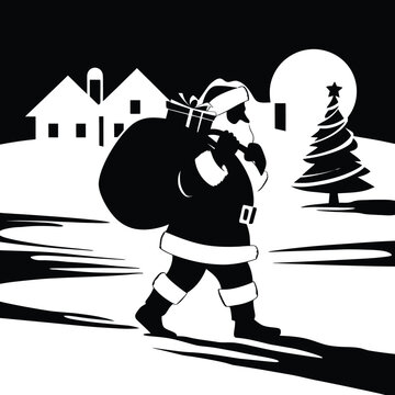 santa silhouette carrying gifts at night clip art preview