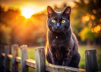 Mysterious Black Cat Posing on Old Wooden Fence at Sunset, Rule of Thirds Composition