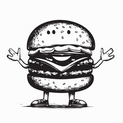 Black and white Burger Mascot Stock Illustrations isolated on white background.