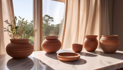 tranquil room with clay pots curtains allowing natural light assorted items on marble table