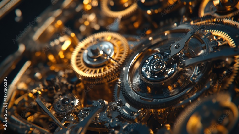 Poster intricate clockwork mechanism featuring gold and silver gears rotating smoothly, highlighting the pr