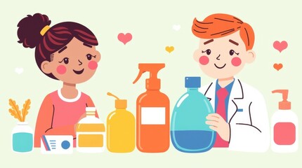 Kids and Hygiene: A happy, colorful illustration of a boy and girl, both dressed as doctors, cheerfully showing a variety of hand hygiene products.