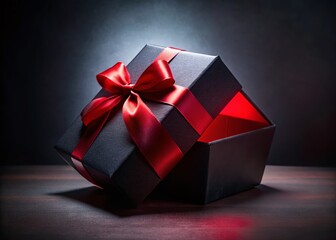 Mysterious Open Gift Box Silhouette: Red Ribbon, Dark Background - Stock Photo