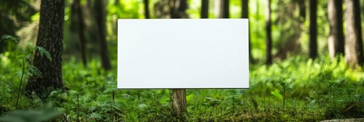 Blank Sign in Forest Clearing - Blank sign in a lush forest, symbolizing nature, opportunity, communication, direction, and mystery.
