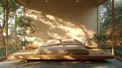 A minimalist bedroom decor featuring a cozy platform bed, characterized by clean lines and free of clutter for a relaxing environment