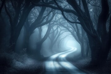 Light trails illuminating a winding road passing through a dark and mysterious forest shrouded in fog, creating an eerie and atmospheric scene at night