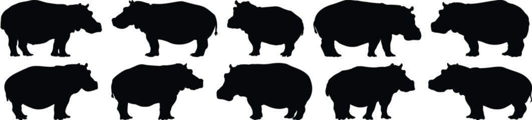 Hippopotamus silhouette set vector design big pack of animal illustration and icon