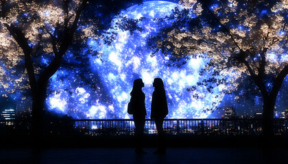 Fototapeta premium Two silhouetted women stand facing each other under a fantastical, glowing blue moon, silhouetted against a cityscape at night.