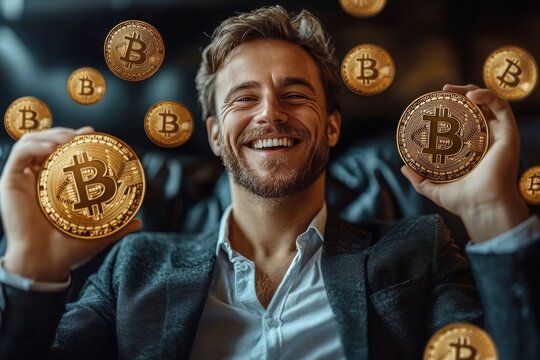 Smiling Businessman Surrounded by Floating Golden Bitcoin Coins, Celebrating Cryptocurrency Success and Wealth in an Urban Background - Perfect for Financial, Investment, and Blockchain Themes