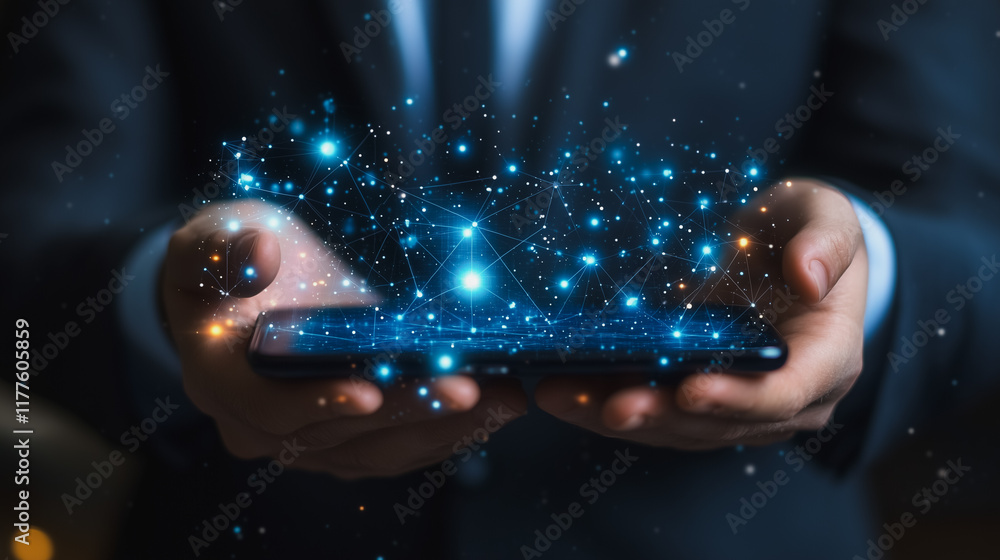 Poster digital transformation in hand: a businessman's hands gently cradle a smartphone, from which a vibra