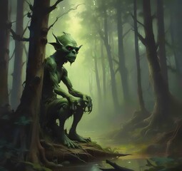 Fototapeta premium Illustration of goblin in wild forest.