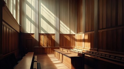 Empty courtroom with dramatic lighting, symbolizing justice, authority, and the solemn atmosphere of legal proceedings in a judicial setting.