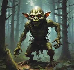 Fototapeta premium Illustration of goblin in wild forest.