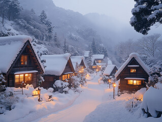 Fototapeta premium Traditional Japanese Village Covered in Snow at Twilight: A picturesque snow-covered mountain village with warmly lit wooden houses and a serene atmosphere, surrounded by frosty trees. 