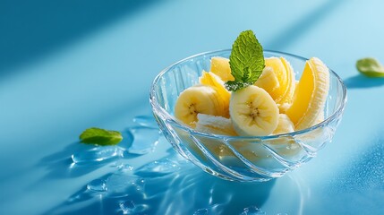 Glass bucket like bowl banana with mint on blue background