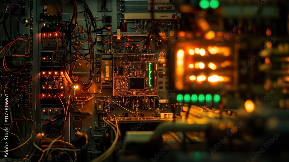 Poster complex electronic circuit board showing data processing with led lights blinking, highlighting the 