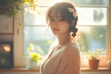 Young Japanese woman in pastel cardigan and flowy skirt with braided hair