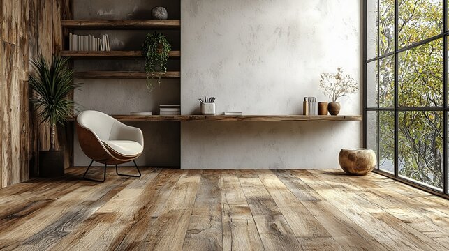Close-up of a minimalist home office space in a white house featuring sleek furniture, organized shelves, and a clutter-free environment ideal for productivity