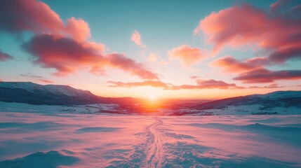 Fototapeta premium Winter sunset over snow-covered landscape with a path leading to the horizon.