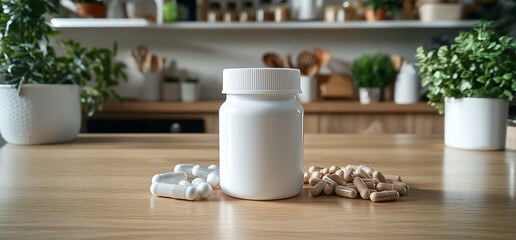Kitchen table, pills, supplement bottle. Healthy lifestyle