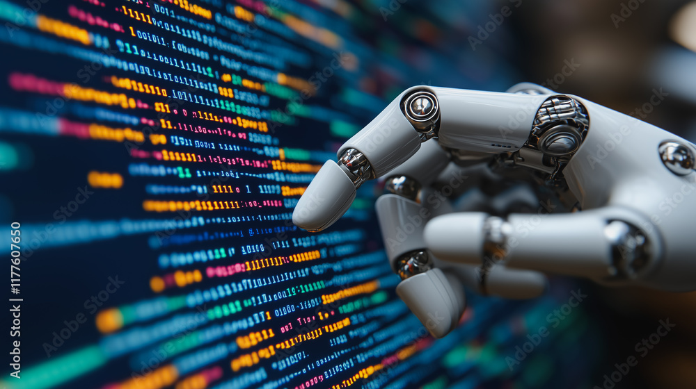 Poster the future of coding: a robotic hand interacts with code on a computer screen, symbolizing the rise 