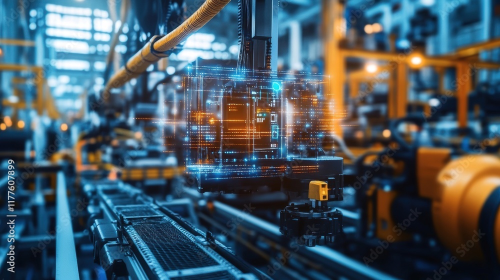 Poster modern robotic arm performing manufacturing tasks guided by a hologram interface, showcasing automat