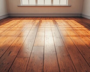A polished wooden floor reflecting sunlight in an empty workshop, workshop ambiance, peaceful workspace