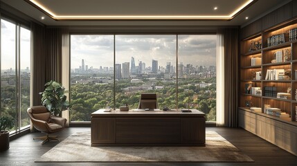 Fototapeta premium A minimalist home office embodies simplicity and utility, utilizing a narrow color range, sparse furniture, and a tranquil, uncluttered environment
